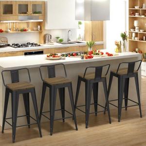 Black Bar Stools Set of 4, Metal Bar Stools with Wooden Seat, Modern 24Counter Height Barstools with Low Back