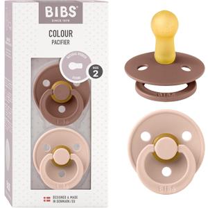 Bibs Pacifiers Color Collection, Set of 2 BPA-Free Latex Pacifiers Made in Europe, Round Nipple Baby Pacifier. (0+ Month (Pack of 2), Woodchuck / Blush)