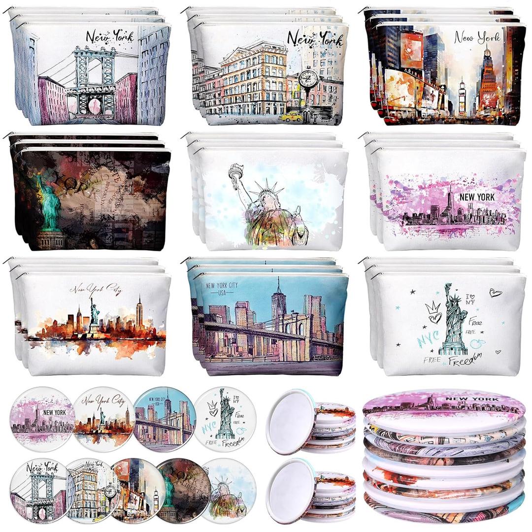 18 Set New York Souvenirs Gifts Bulk City Cosmetic Bag Nyc Makeup Mirrors Souvenirs from USA Women New York Makeup Bag Birthday Party Favors Trip Journey Gifts for Friend Sisters