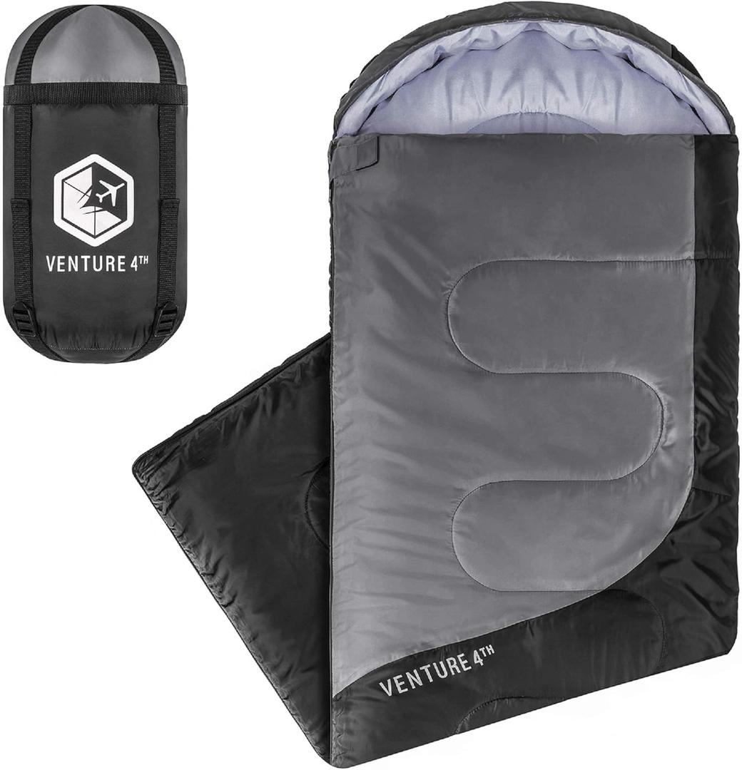 VENTURE 4TH Backpacking Sleeping Bag  XXL, Double and Single Sizes - Lightweight Warm & Cold Weather Sleeping Bags for Adults, Kids & Couples  Ideal for Hiking, Camping & Outdoor Adventures (3.0lbs | Black/Silver)