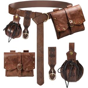 4Pcs Renaissance Accessories Renaissance Costume Women Pirate Belt with Bag Pouch Keychain Medieval Costume Women for Cosplay (Brown)