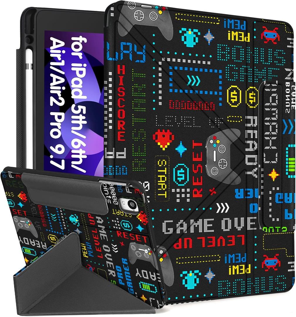 Miss Adola for iPad 6th/5th Generation 2018/2017 Case for iPad Air 2nd/1st Pro 9.7 Inch with Pencil Holder Cute Cool Cartoon Anime Kawaii Design Tablet Cover for Boys Girls Women, Game Handle