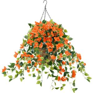 INQCMY Artificial Hanging Flowers with Basket for Spring Outdoors Decoration,Fake Silk Morning Glory Vines in Planter UV Resistant Realistic for Home Garden Balcony Porch Decor(Orange)
