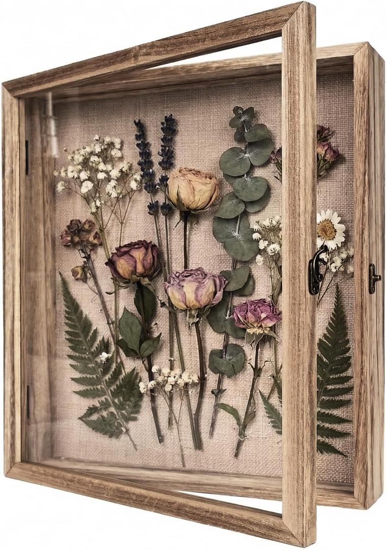 Shadow Box Frame11×14 Display Case with Linen Back, Real Glass Window Door with Hinge, Memorabilia Medals Wedding Bouquet Collections Picture Frame Memory Box for Keepsakes