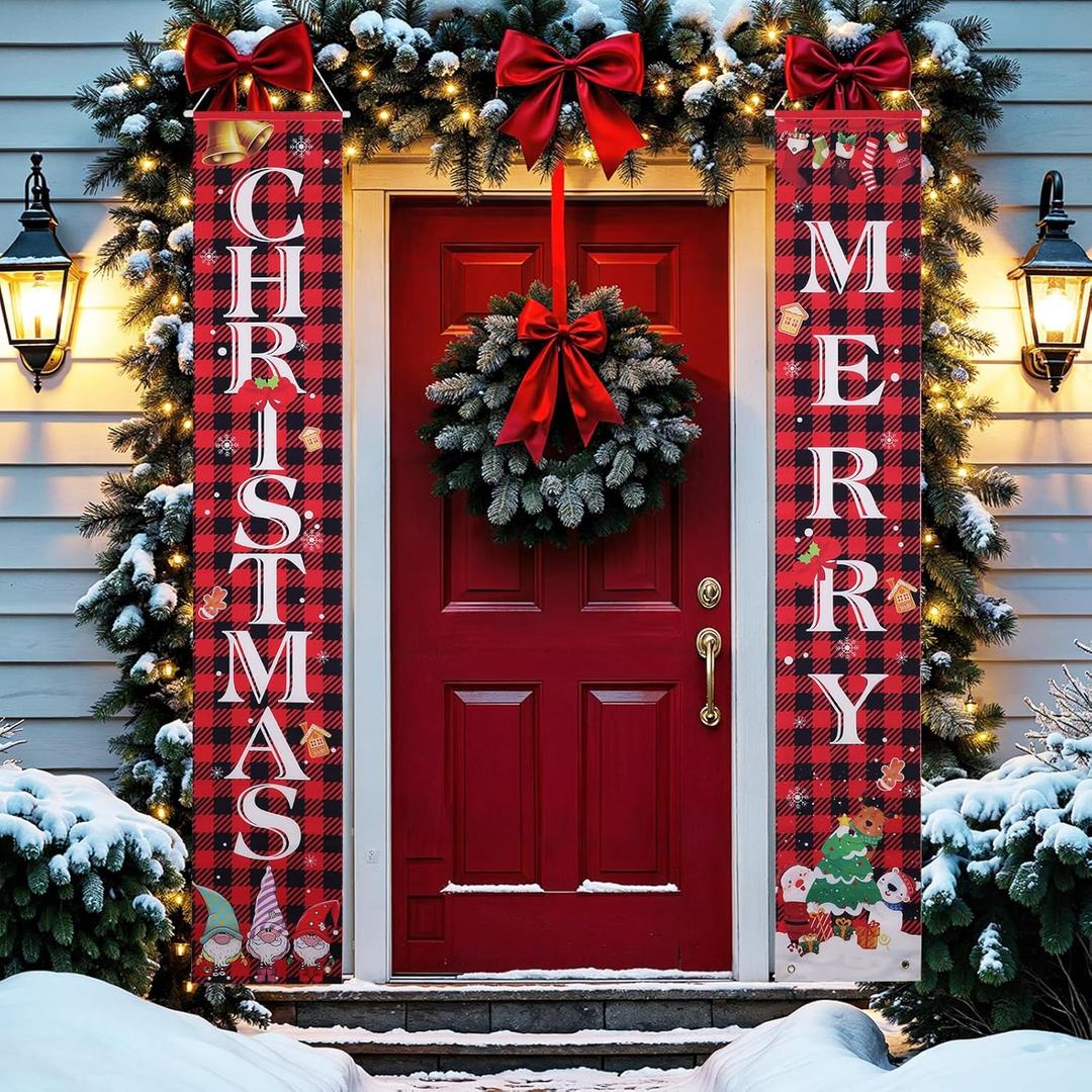 Christmas Decorations Merry Christmas Door Banner, Welcome Banner Xmas Porch Door Sign with Checkered and Gnomes Pattern for Wall Home Party Decor Indoor Outdoor Outside
