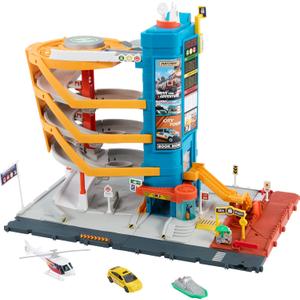 Matchbox Toy Vehicles & Playset, Transportation Center with 5 Levels, Kid& Car-Activated Features, Includes 1:64 Scale Taxi, Boat & Helicopter & Food Vendor Accessory