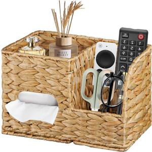 BIBELUN Tissue Box Cover Square with Storage Tray, Multifunction Water Hyacinth Tissue Cube Box Holder, Farmhouse Wicker Remote Control Nightstand Organizer Caddy for Bathroom, Home, Office Decor
