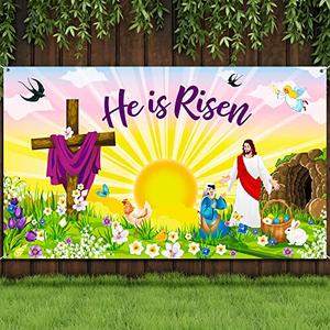 Gersoniel Happy Easter Decorations He is Risen Backdrop Decor Banner Jesus is Live Photo Booth Background Resurrection Cross Easter Bible Banner for Party Supplies, 72.8 x 43.3 Inches