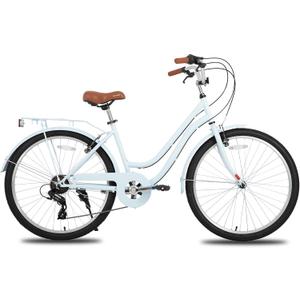 HILAND 26 in Women's Hybrid Bike for Adult, 7 Speed Step Through Hi-Ten Steel Frame City Commuter Beach Cruiser Bike, Hybrid Bicycle