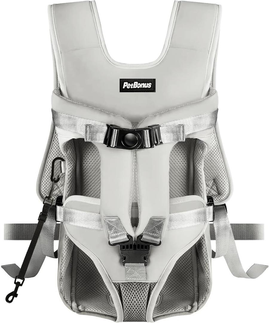 PetBonus Pet Front Dog Carrier Backpacks, Adjustable Pet Backpack, Legs Out Easy-fit Puppy Chest Carrier for Medium Small Dogs, Hands Free for Hiking, Cycling (Grey, S)