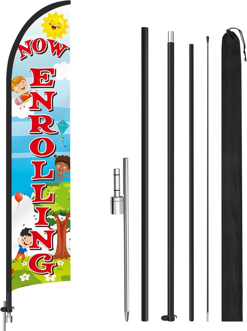 1 Pack Now Enrolling Daycare Feather Flag Swooper Flag Weatherproof Polyester Preschool Banner 12ft x 2.5ft for Outside Business Advertising(Now Enrolling)