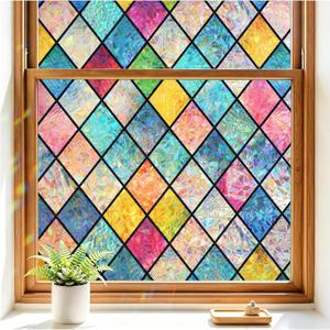 Haton Stained Glass Winodw Film, Rainbow Lattice Stickers, 29.5" x 78.7" | 3D Colorful Decorative Window Cling, Static Cling Removable, Blocks UV & Heat, Privacy Decals for Home Door, No Glue
