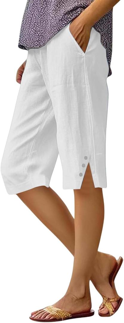 Cotton Linen Capri Pants for Women Petite Bermuda Shorts Knee Length Drawstring Pants Summer Beach Long Shorts (White, M)