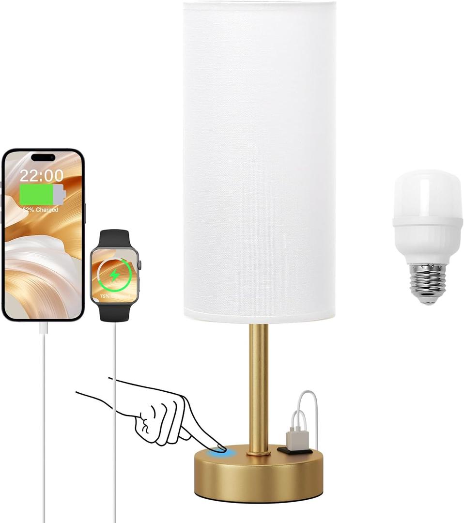 Elegant Gold Touch Table Lamp, Modern Wedding Gift for Couples, Bedside Lamps with USB-C USB-A Charging Ports, 3 Way Dimmable Small Lamp for Office, Living Room, Bathroom (14in)