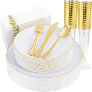 Liacere 175PCS White and Gold Plastic Plates - Gold Plate Include 50Plastic Plates, 25Forks, 25Spoons, 25Knives, 25Napkins, 25Champagne Flutes Plastic for Party & Wedding & Christmas & New Year