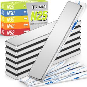 FINDMAG Silver Bar Magnets, 6 Pack Bar Magnet with Double-Sided Adhesive, Magnets Bar for Fridge, Garage, Kitchen, DIY, 60x10x3mm (N25 Grade)