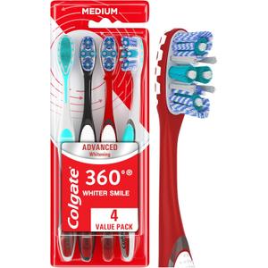 Colgate 360 Advanced Whitening Medium Toothbrush Pack, 4 Adult Medium Toothbrushes with Cheek and Tongue Cleaner, Helps Clean Your Teeth, Tongue, Cheeks, and Gums, 4 Pack