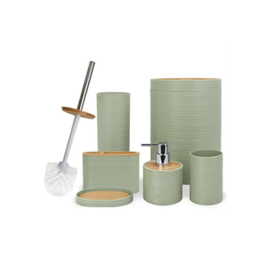 CERBIOR Bathroom Accessories Set 6 Piece Bamboo Bath Ensemble Includes Soap Dispenser, Toothbrush Holder, Toothbrush Cup, Soap Dish for Decorative Countertop and Housewarming Gift, Sriral Green