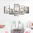 5 Panel Butterfly Orchid Flowers Canvas Print Wall Art Painting Decor for Home Decoration Picture for Bedroom Framed Ready to Hang White Floral Artwork, overall 40"x20"