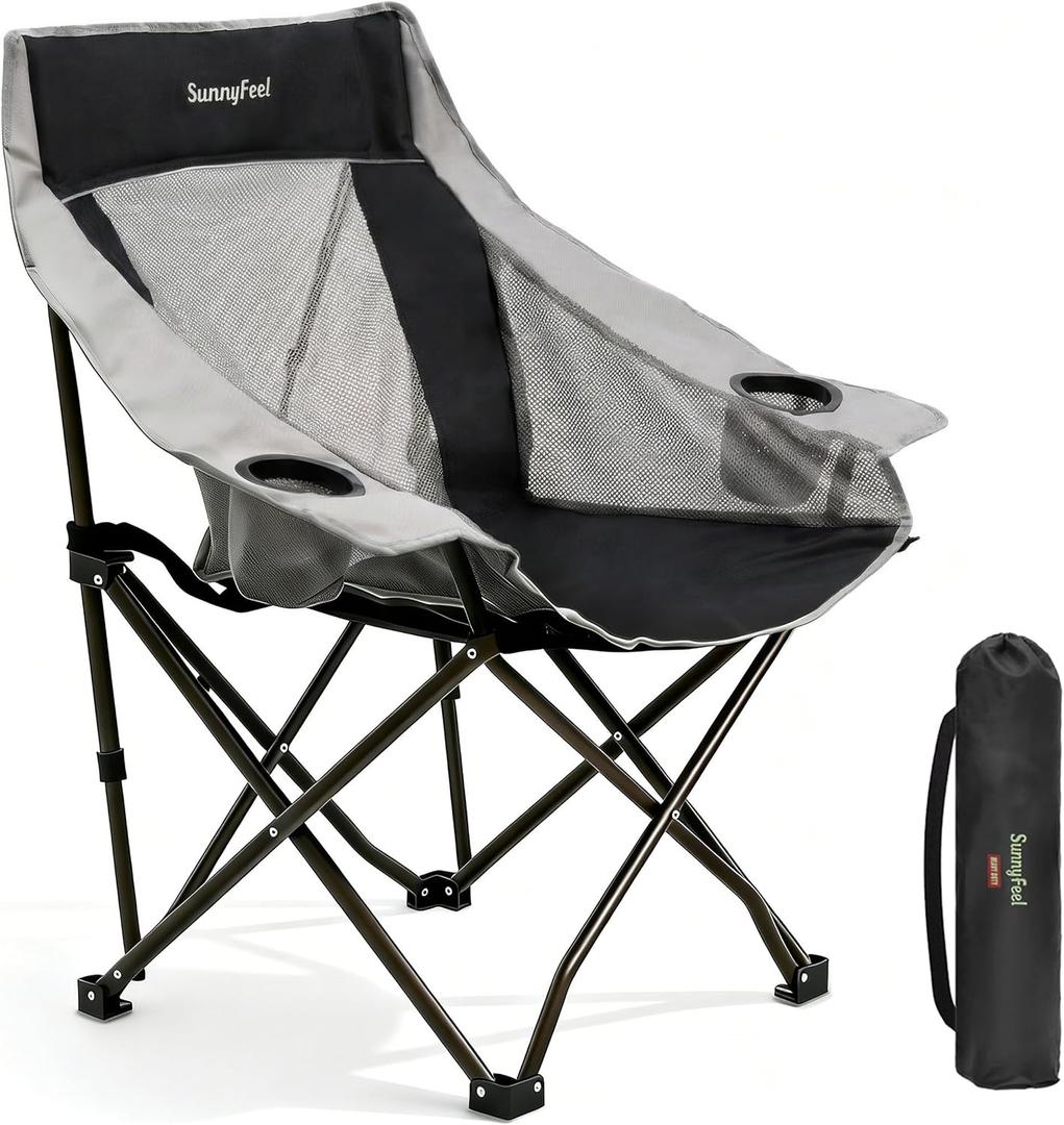SUNNYFEEL Oversized Camping Chairs for Adults, Heavy Duty Portable Folding Chair with Carry Bag, Side Pockets & Cup Holder, Supports 300 lbs, for Tailgating Hiking Picnic Backyard Black