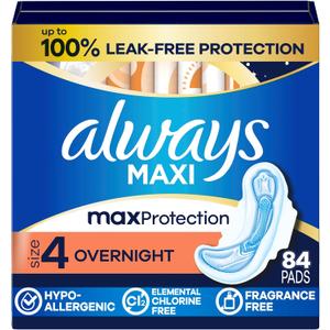 Always Maxi Overnight Pads with Wings for Women, Size 4, Overnight Absorbency, Unscented, 84 Count (3 Packs of 28)