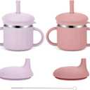 Upgrade Stainless Steel Baby Sippy Cups, 7.4 Oz Spill Proof Toddler Straw Cups, 3 Stages Training Cup for Toddlers 1-3 Year, Kid Cups with Silicone Sheel and Straws (Coral+Purple)