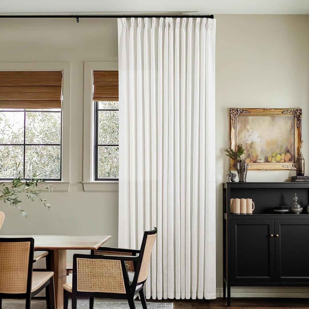TWODRAPES Beige White Pinch Pleated Linen Curtains 92 Inches Long 2 Panels for Living Room Bedroom Memory Training Shaped Semi Sheer Pleat Drapes with Hooks Rings Light Filtering Window Curtain 40x92