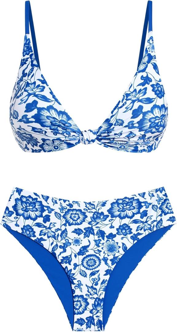 ZAFUL High Waisted Bikini Sets for Women Texture Push Up 2 Piece Swimsuit Knot Front V Neck Bathing Suit Brazilian Cheeky Bottom Blue Floral M
