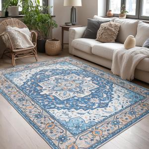 Lessymo 5x7 Area Rugs- Machine Washable Area Rugs, Super Soft Faux-Wool Area Rug for Living Room Bedroom, Boho Area Rug Vintage Floral Medallion Non-Slip Low Pile, Kid & Pet Friendly, Blue Brown