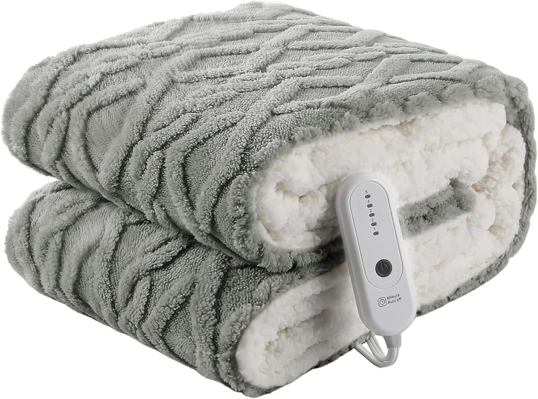 Heated Blanket Electric Throw 50''X60''-Fluffy Ultra Soft Electric Blanket with 3D Stylish Design, 240g Plus 200g Sherpa, 5 Heating Levels and 4 Hours Auto Off, Machine Washable, Gray
