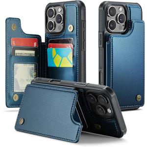 Compatible with iPhone 16 Pro Max 6.9" Wallet Case with Card Holder RFID Blocking for Women Men, Double Magnetic Clasp Kickstand Shockproof Phone Case Fit for iPhone 16 Pro Max, Blue