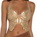 JUMISEE Women Sparkly Rhinestone Butterfly Crop Top Sexy Satin V Neck Bakless Lace Up Cami Tank Top for Rave Festival, One Size
