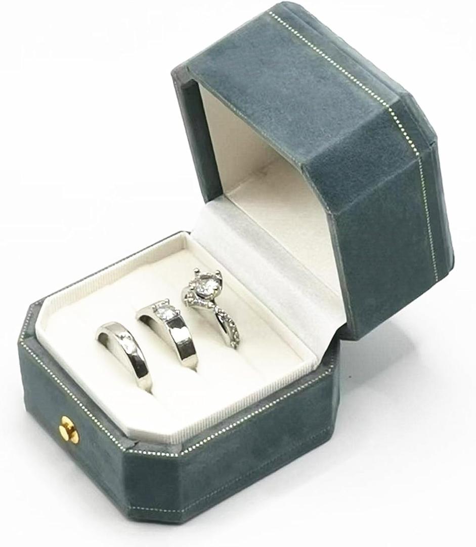 Velvet Wedding Ring Box - Octagon 3 Slots Engagement Ring Boxes with Hinged Lid for Proposal Engagement Wedding, Proposal Ring Box with Gold Lace-PRB003-Lake Blue