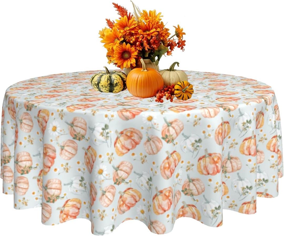 2 x Thanksgiving Round Tablecloth 60 Inch Pumpkin Daisy Table Cloth Waterproof Heat Resistant Reusable Autumn Decorations Table Cover for Holiday Kitchen Dinning Party Decor (Orange)