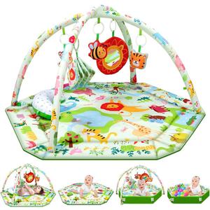 lulunemo Baby Play Mat,Tummy Time Mat with 6 Detachable Toys-Activity Gym for Visual, Auditory & Motor Development-Washable Baby Activity Mat for 0-12 Month Infants(Animal Theme)