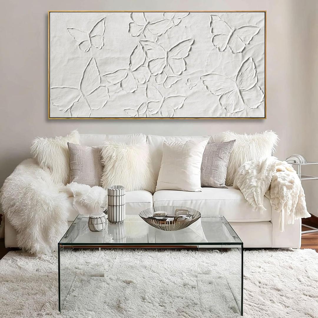 White Butterfly Wall Art 24x48 Inch, Large Framed 3D Textured Canvas Prints with Wooden Frame, Minimalist Relief Wall Decor for Bedroom Living Room or Office