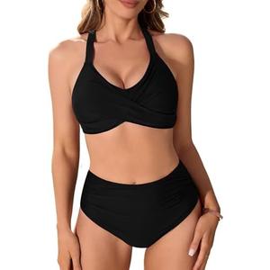 Uikue Women's Two Piece Swimsuits Full Coverage Bikini Set Tummy Control Bathing Suit Push Up V Neck Twist Front Swim Suits L