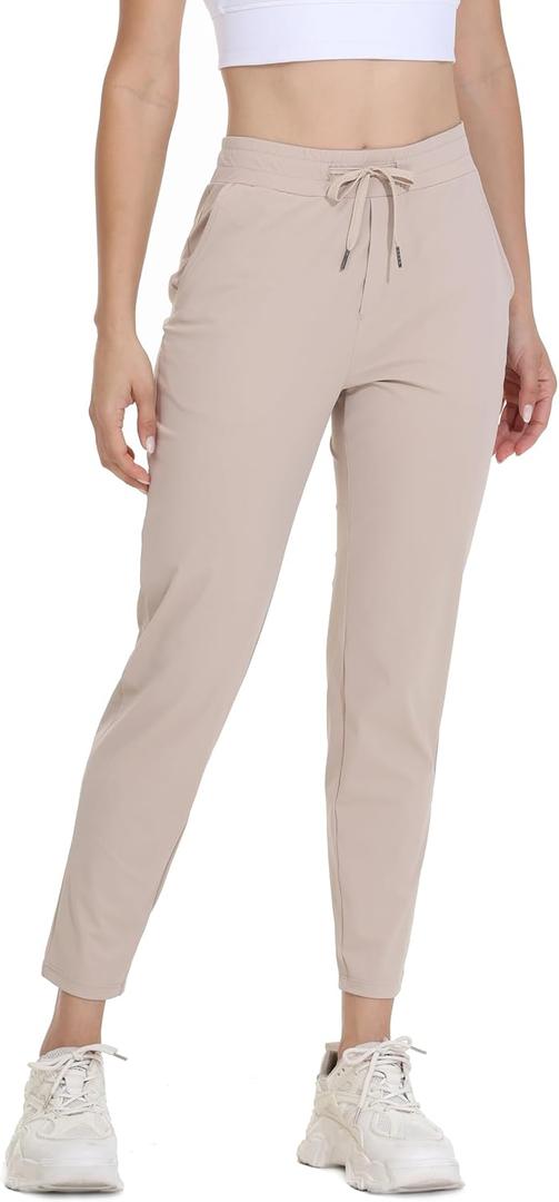 Lightweight Golf Pants Women Work Gym Athletic Workout Sweatpants with Pockets Travel Casual 7/8 Ankle Cropped (X-Small, Khaki)