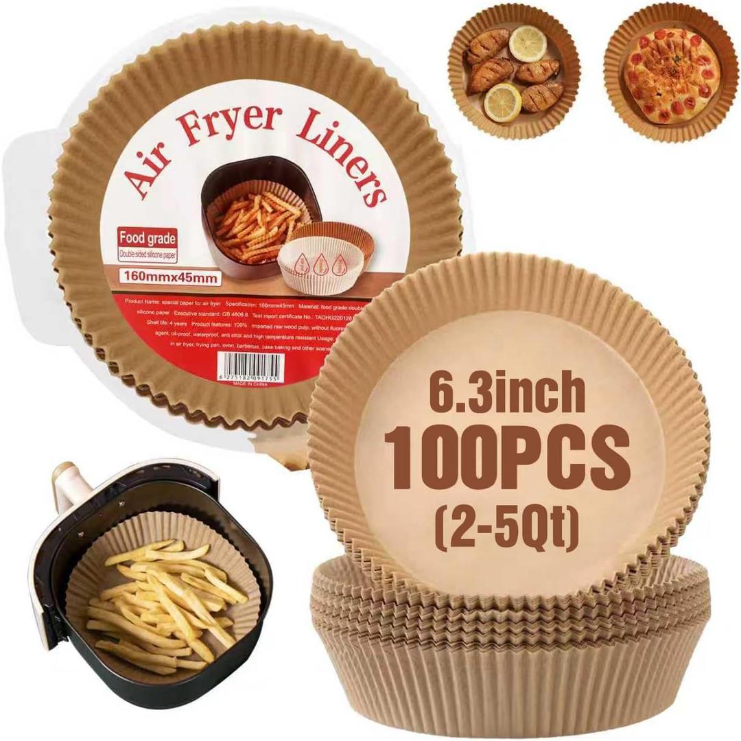 2 x Disposable Air Fryer Paper Liners, 100 Pcs Round Non-Stick Parchment Paper, Oil-proof,Water-proof Cooking Baking Roasting Filter Pater for Air Fryers Basket, Microwave Oven, Frying Pan