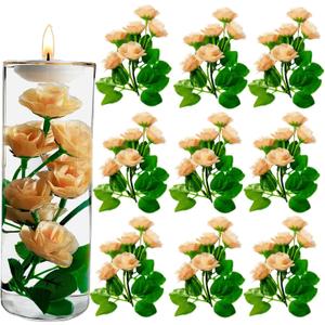 Fake Flowers for Floating Candles Centerpiece Artificial Rose Centerpieces Faux Flower Stem Vase Fillers for Wedding Dinning Table Party Home Decoration 9Pcs 6.8in, Orangish