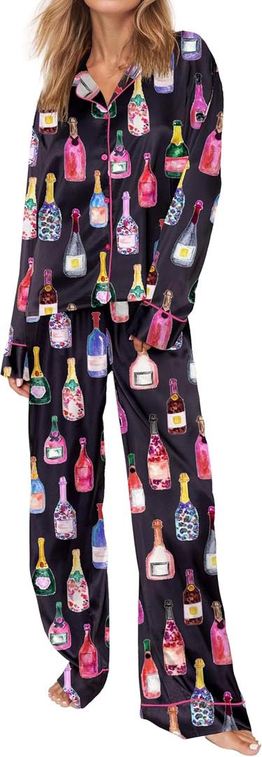 SHESHOW Satin Pajamas for Women Set Long Sleeve Button Down Sleepwear 2 Piece Nightwear Women Pjs Sets (Champagne Bottle Black) XL