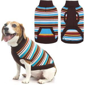 BINGPET Turtleneck Dog Sweater for Small Dogs Boy or Girl, Warm Knitted Pullover Pet Sweaters, Colorful Striped Puppy Sweater with Cute Pocket, Great Gift for Pet in New Year(Brown, XS)
