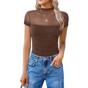 Avidlove Women's Short Sleeve Bodysuit Turtle Neck Body Suits Mesh One Piece Leotard Going Out Tops Date Outfits (Brown), S