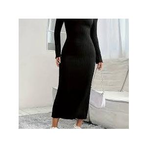 Women's Ribbed Knit Bodycon Midi Dress Long Sleeve Round Neck Side Slit Slim Fit Long Dress Small