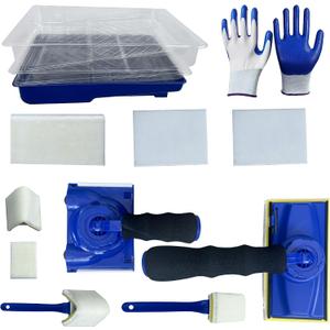 Paint Edger Tool Kit 15 PCS, 360 Rotation Handle Paint Edger Trimmer for Trim/Corner Wall & Ceiling, Refill Pads, 7 Inch Paint Pad Set, Rubber Gloves & 4 Clear Base Trays