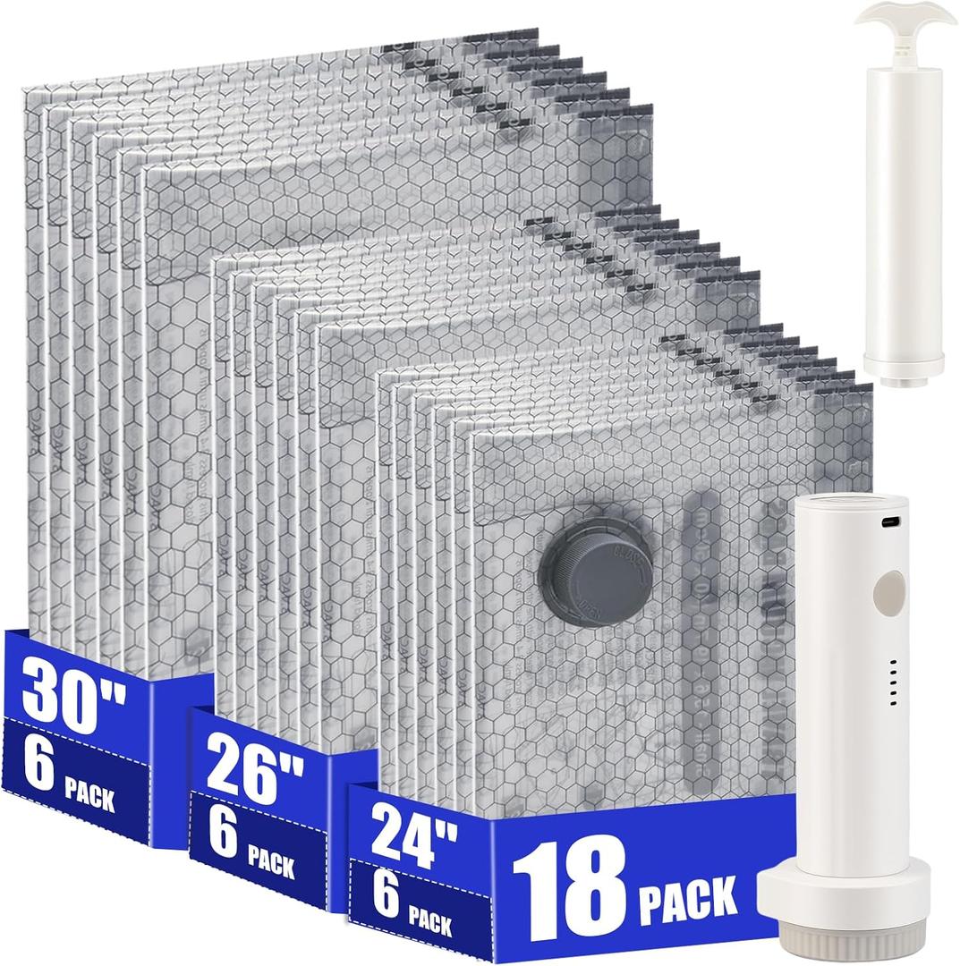 18 Pack Travel Vacuum Storage Bags with Rechargeable Wireless & Hand Pump, Portable Space Saver Bags for Travel & Home, Vacuum Compression Packing Seal for Clothes, Blankets, Seasonal Storage (18 combo set)