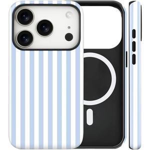 Magnetic for iPhone 17 Pro Case Cute Stripes Phone Case, Shockproof Slim TPU and Hard PC Protective Phone Cover Compatible with MagSafe Designed for Women Girls, Blue and White