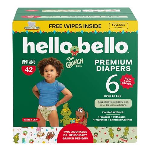 Hello Bello Dr. Seuss Baby Grinch Premium Diapers, Size 6 (35+ lbs), 42ct Plus Bonus Wipes: Softness & Protection for Sensitive Skin