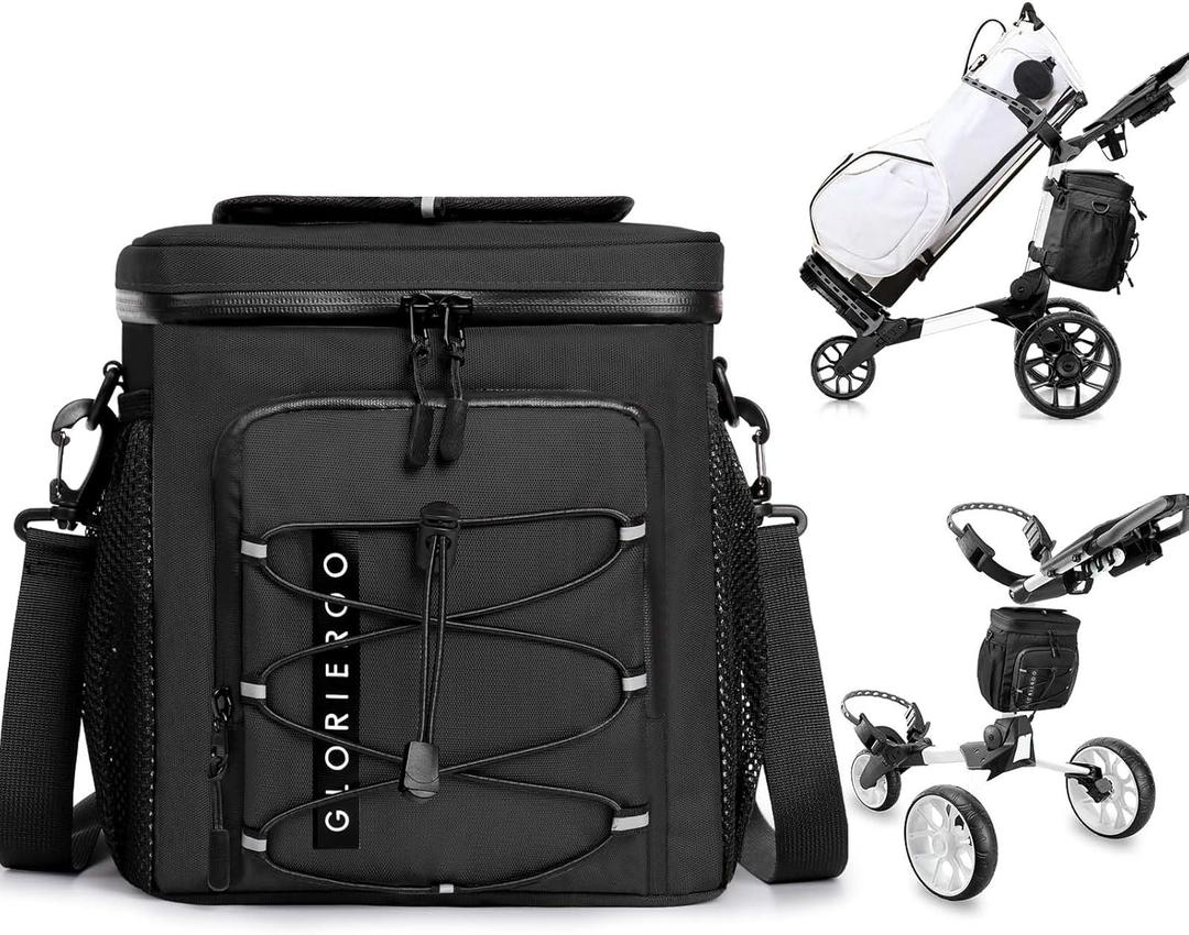 Golf Cart Cooler Bag Insulated - 12-Can Leakproof Soft Cooler Bag with Hook-and-Loop Lid, Waterproof Zippers, and Multi-Pockets for Accessories; Fits on Golf Push Cart (Black)