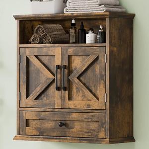 Bathroom Wall Cabinet, Wall Mounted Medicine Cabinet with Drawer, Barn Door & Adjustable Shelf, 24.4"H x 23.6"W x 9"D Rustic Brown Over Toilet Farmhouse Storage Cabinet for Kitchen, Laundry, Entryway